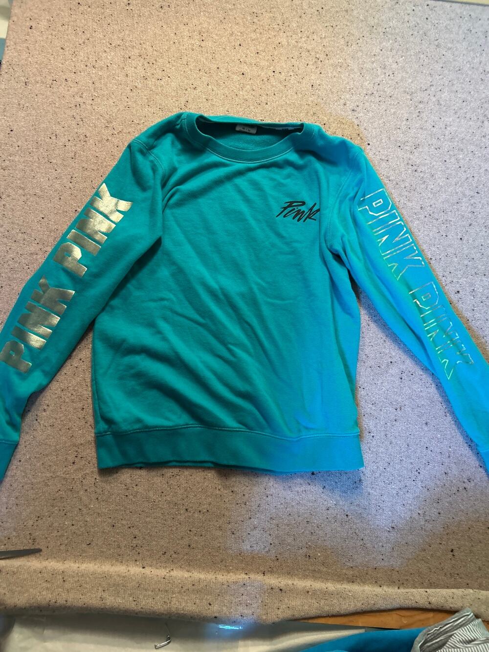 Y2K Victoria’s Secret Pink Sweatshirt Open Back Teal Spell Out XS